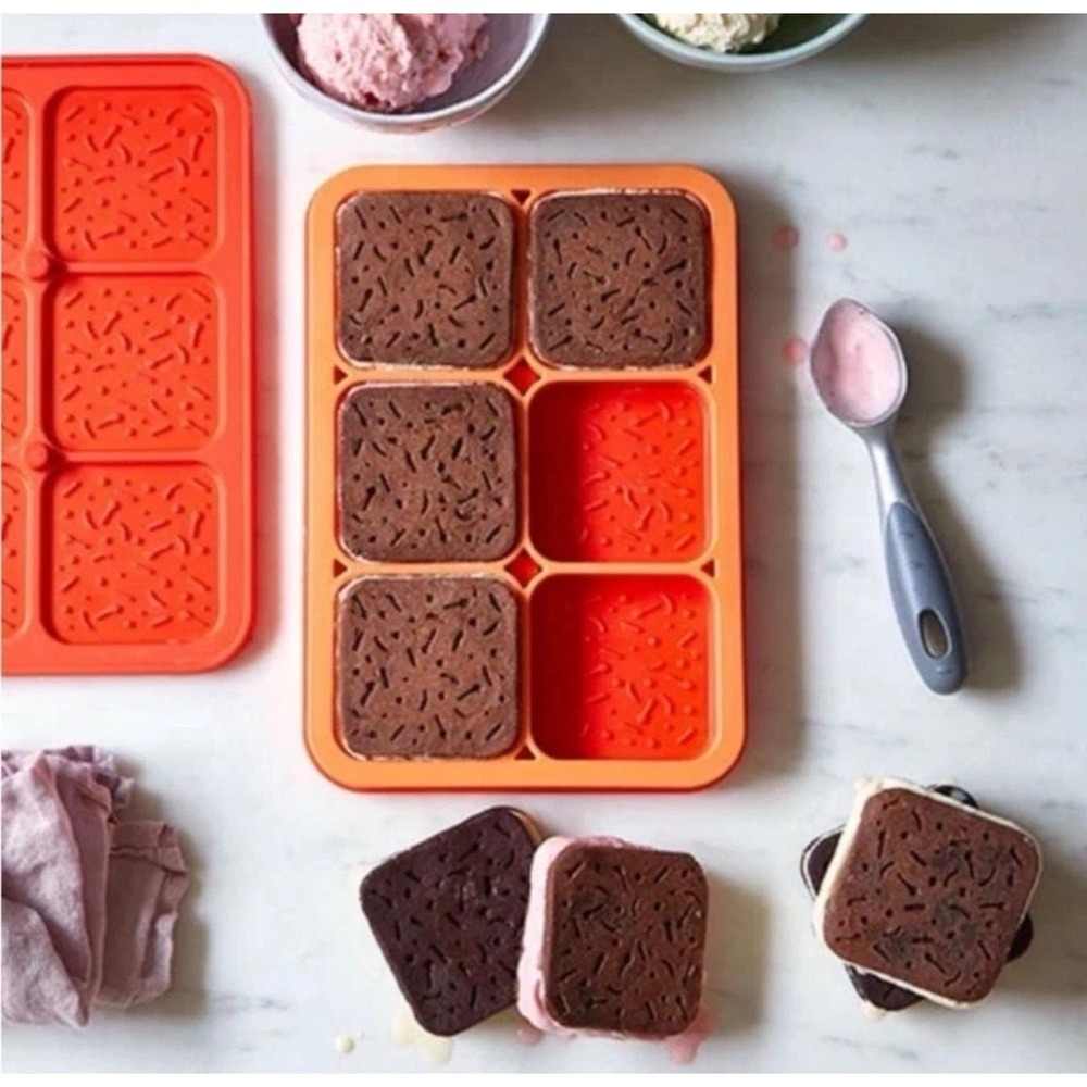 Pampered Chef Silicone Ice Cream Sandwich Maker 2493 Orange 6 Cavity‎ Mold + Lid